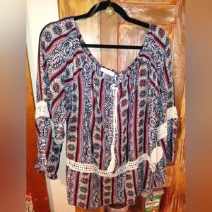 Hummingbird Multicolor Boho Blouse with Lace Accents